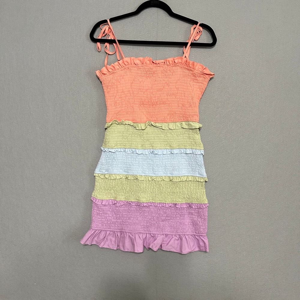 Idem Ditto‎ Women Pastel Rainbow Smocked Tiered Ruffle Mini Dress Large NWT